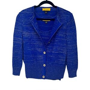 St John Blue and Gold Metallic Sweater Set Cardigan and Tank Size M